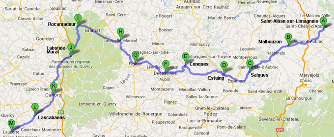 Itinerary from Saint-Alban-sur-Limagnole to Figeac (3rd week) and from Figeac to Lauzerte (4th week)