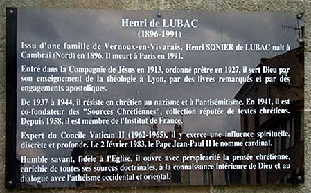 Memorial plaque in Memory of the Jesuit and Cardinal Henri de Lubac,  whose family was from Vernoux-en-Vivarais