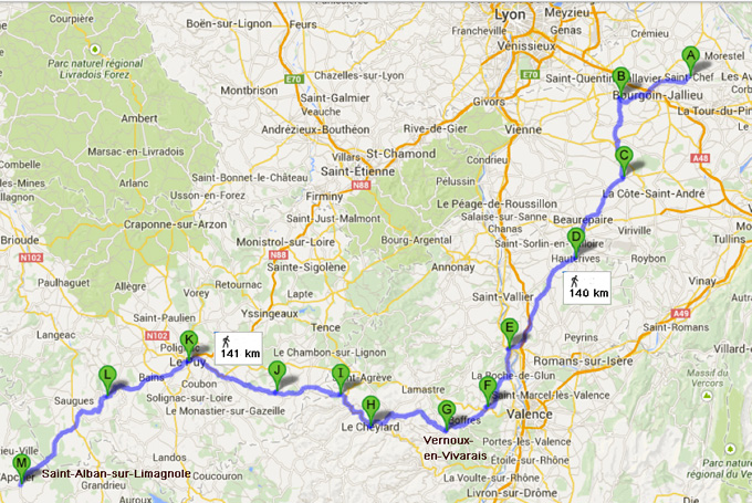 Itinerary from near Morestel to Vernoux-en-Vivarais (1st week) and from Vernoux to Saint-Alban-sur-Limagnole (2nd week)