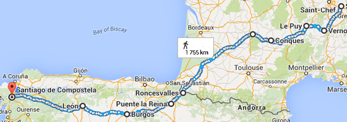 Itinéraire depuis Saint-Chef, près de Morestel en Dauphiné,  jusqu’à Santiago de Compostelle en Galicie.